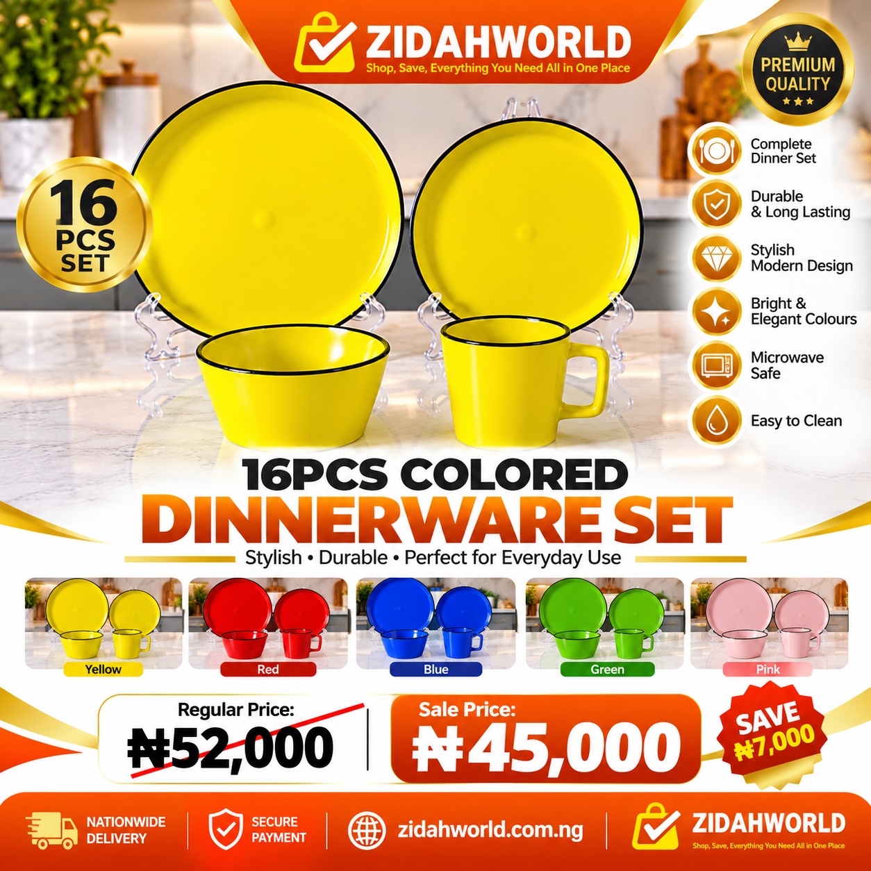 16 Piece Colored Dinnerware Set Yellow