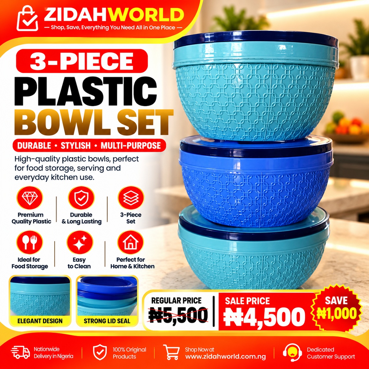 3 Piece Plastic Bowl Set Blue