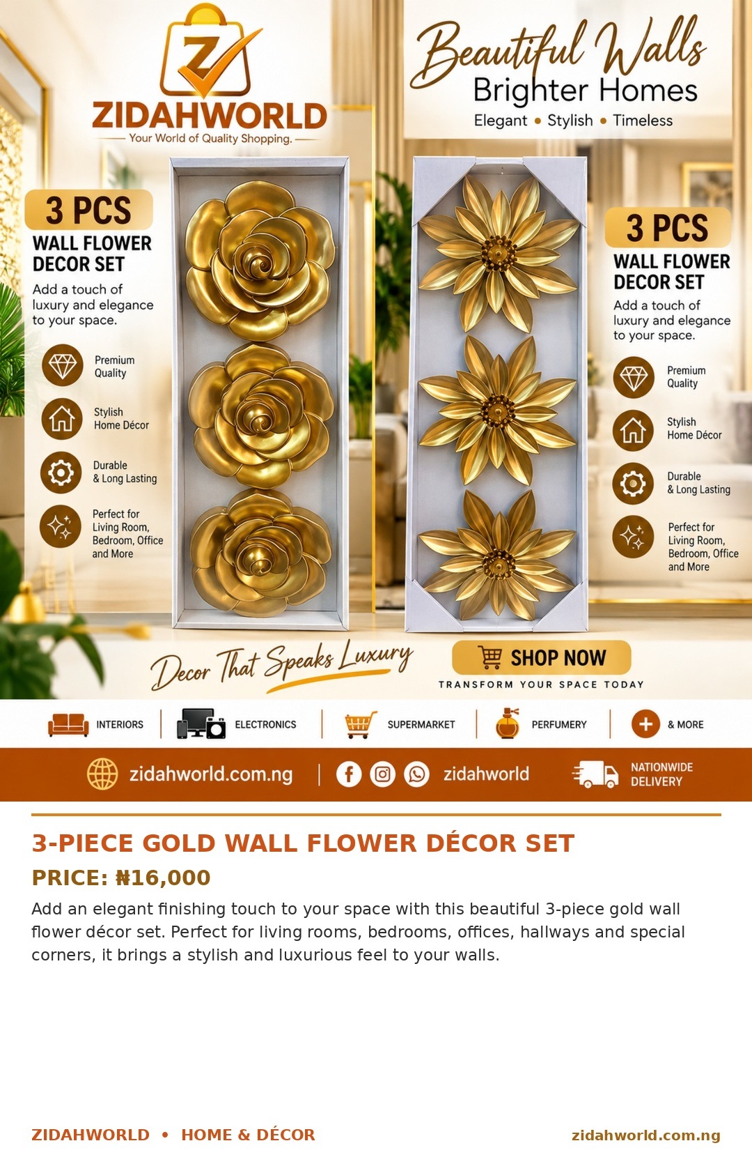 3 Piece Gold Wall Flower Decor Set
