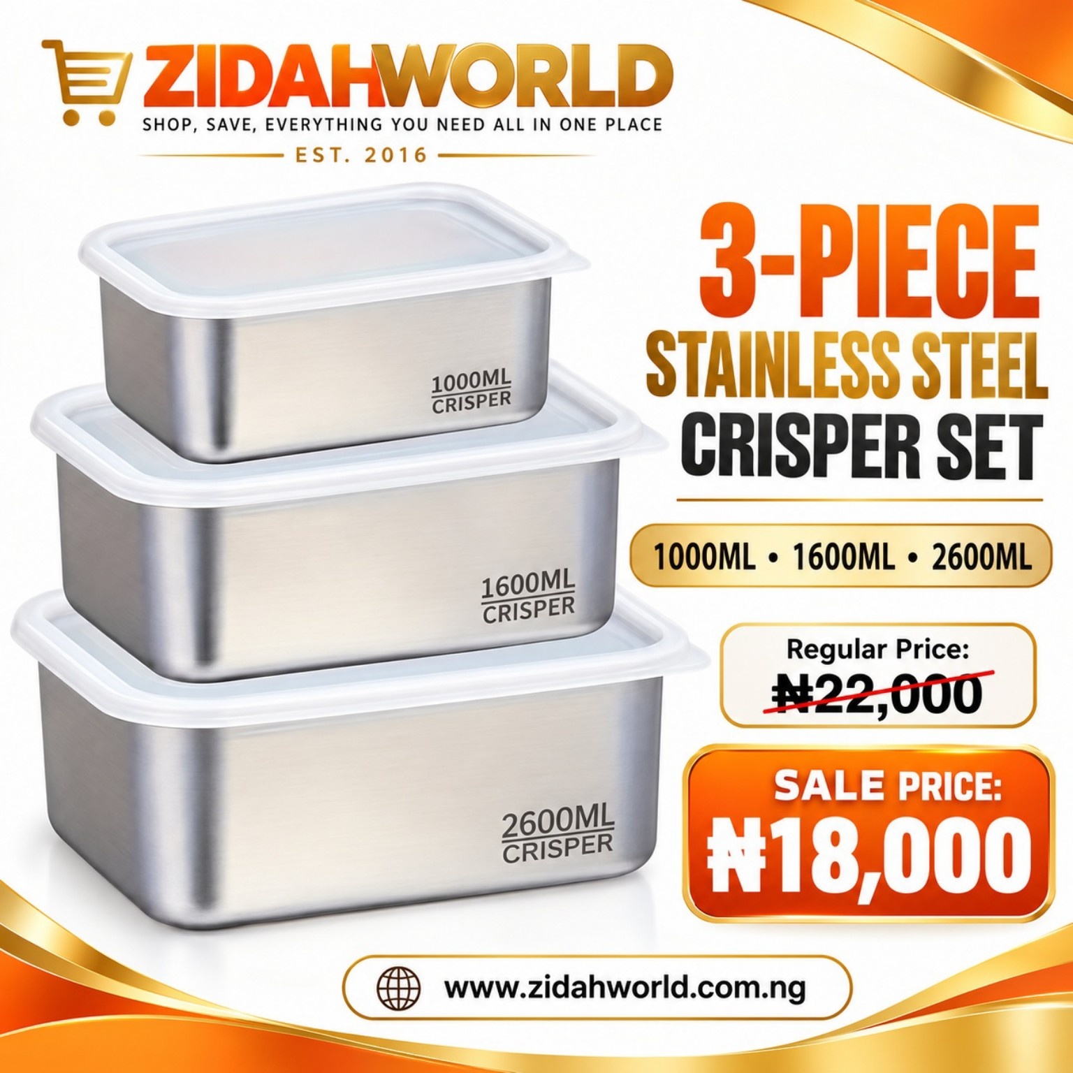 3-Piece Stainless Steel Crisper Set