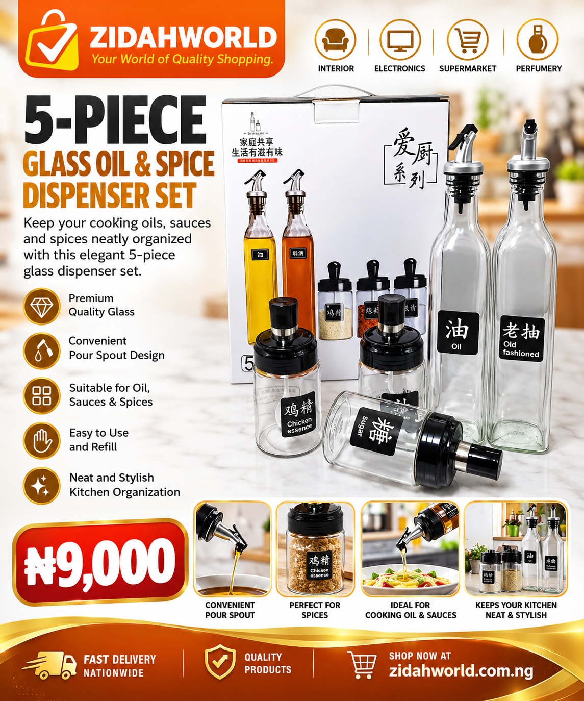 5 Piece Glass Oil and Spice Bottle Set