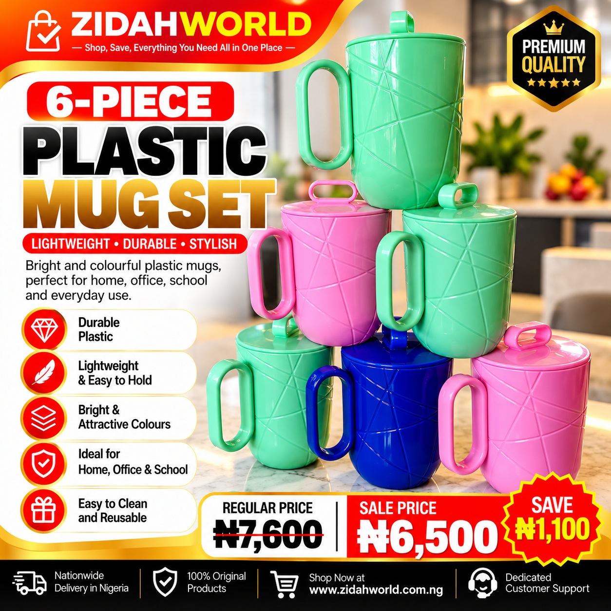6 Piece Plastic Mug Set Green Pink