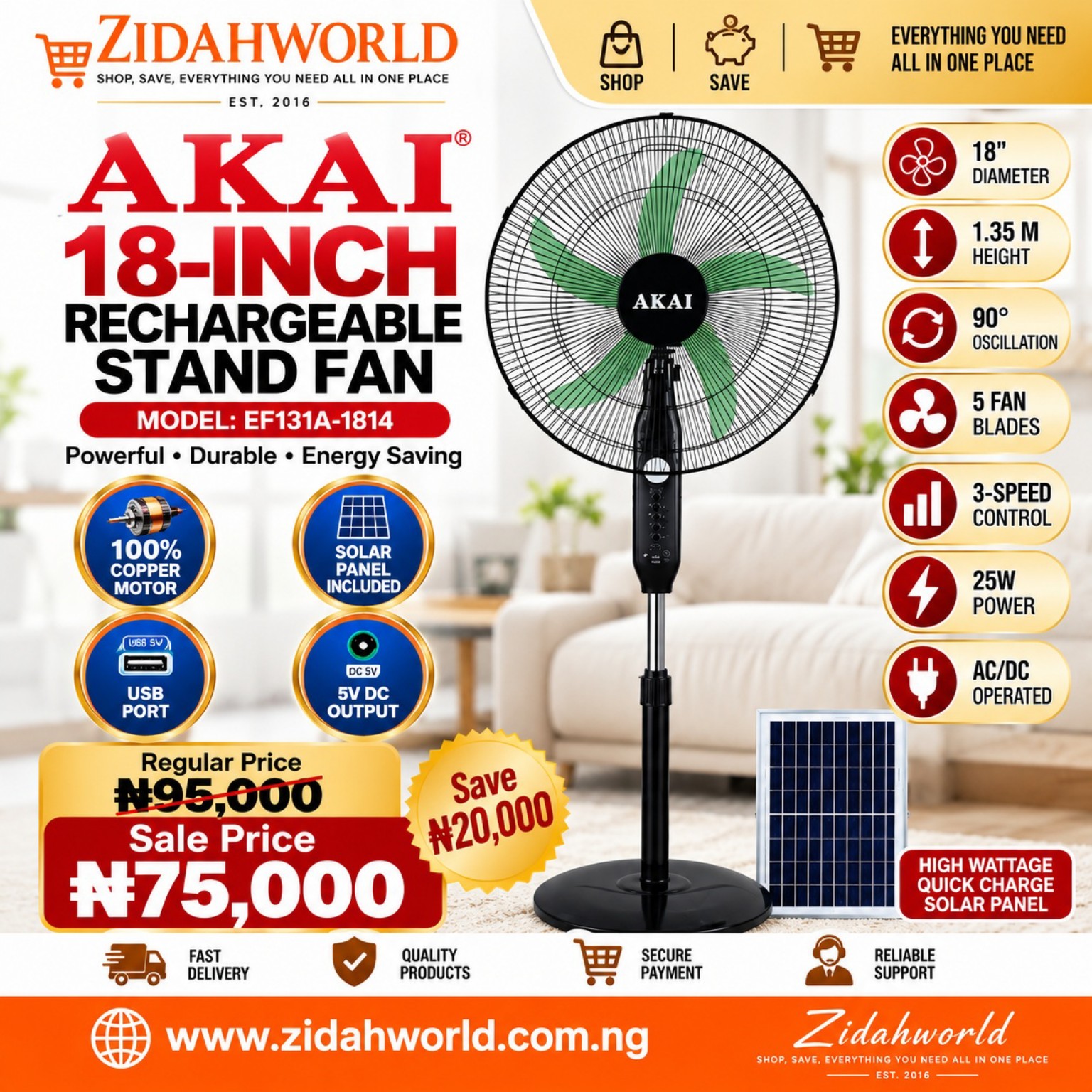 AKAI 18-Inch Rechargeable Stand Fan EF131A-1814
