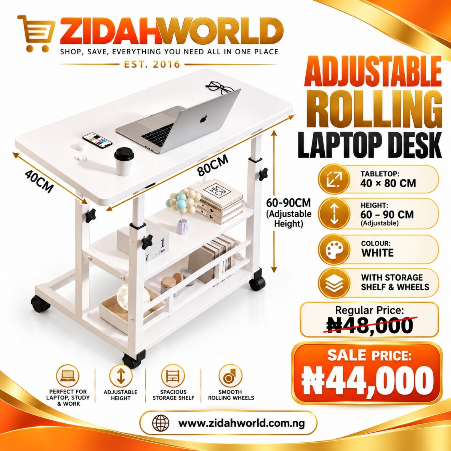 Adjustable Rolling Laptop Desk White