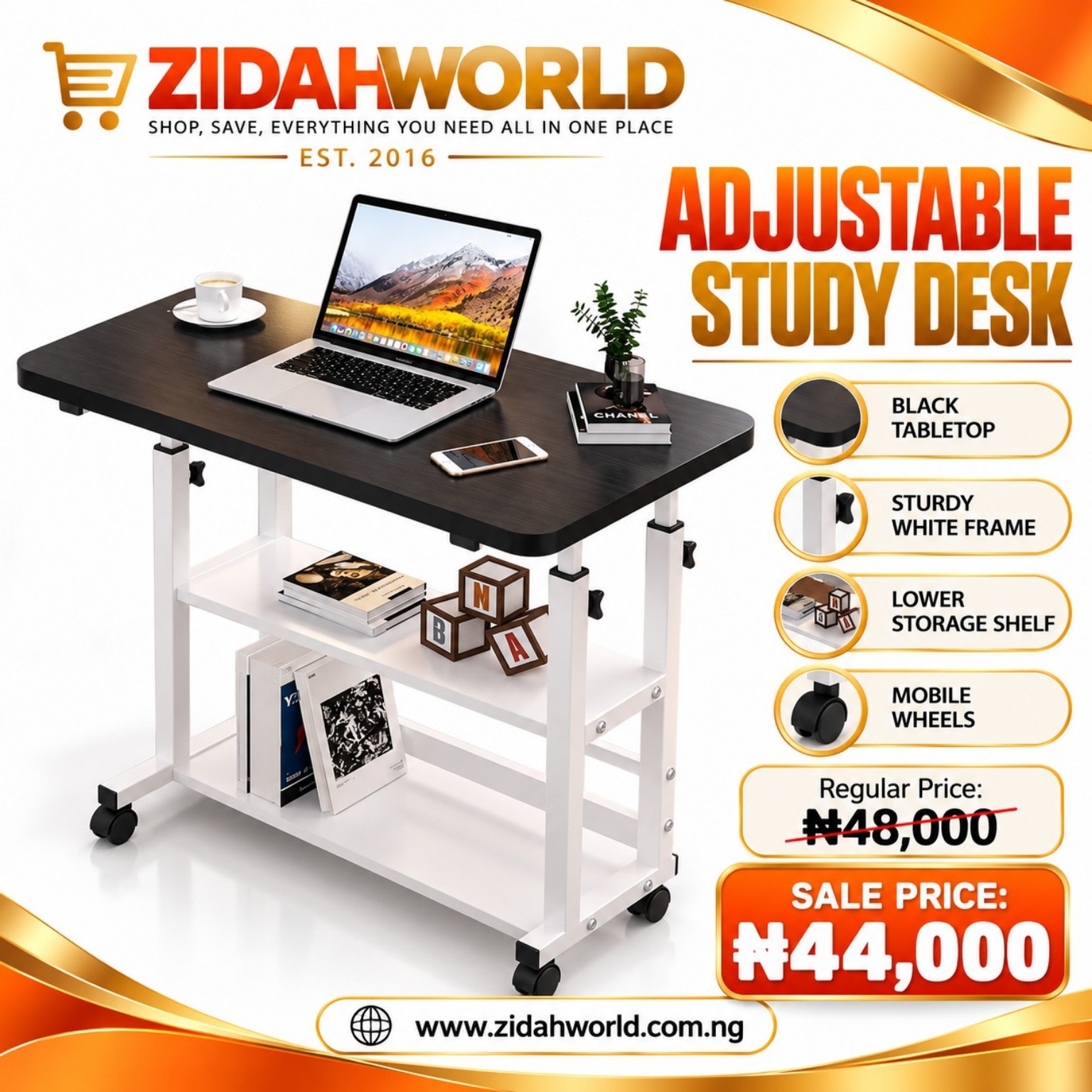 Adjustable Study Desk Black Tabletop