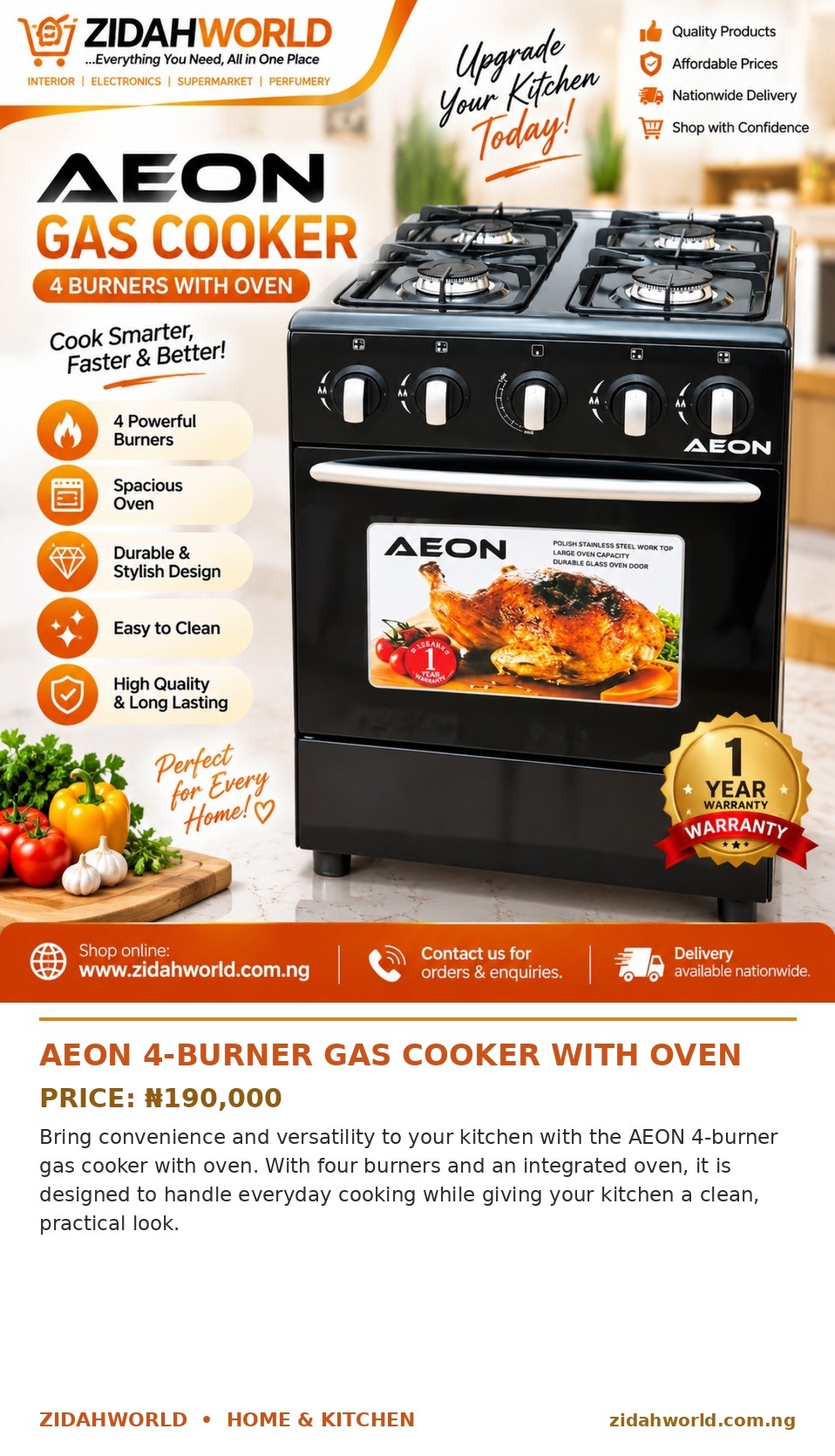 Aeon Gas Cooker With Oven