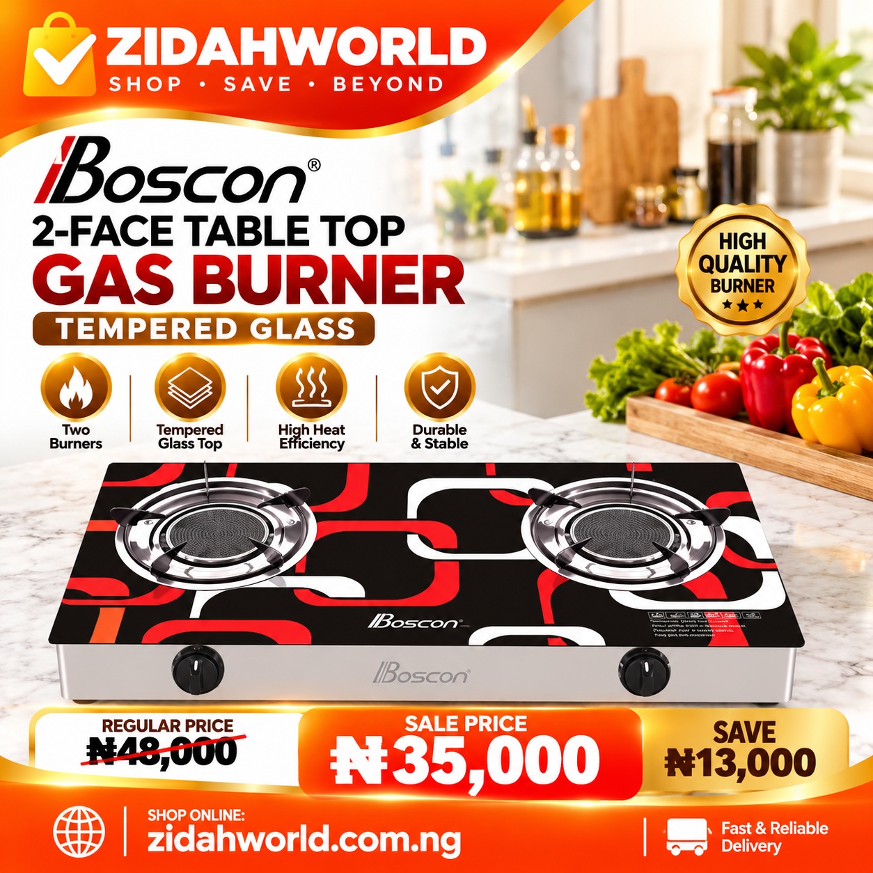 Boscon 2-Face Tabletop Gas Burner – Tempered Glass