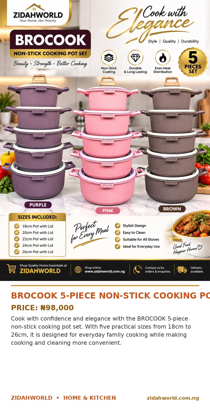 Brocook 5 Piece Non Stick Cooking Pot Set