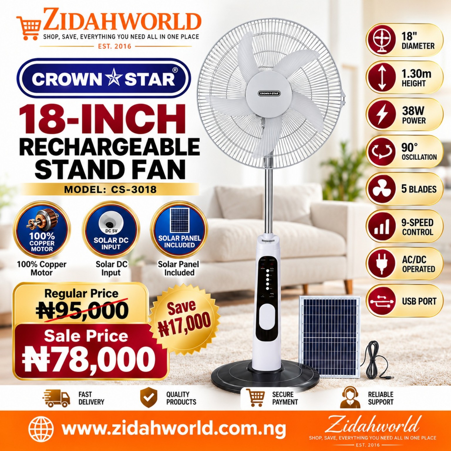 Crown Star 18-Inch Rechargeable Stand Fan CS-3018