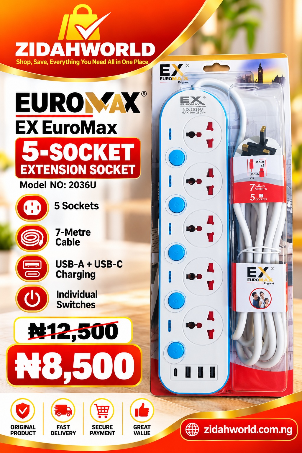 Euromax 5-Socket Extension Board
