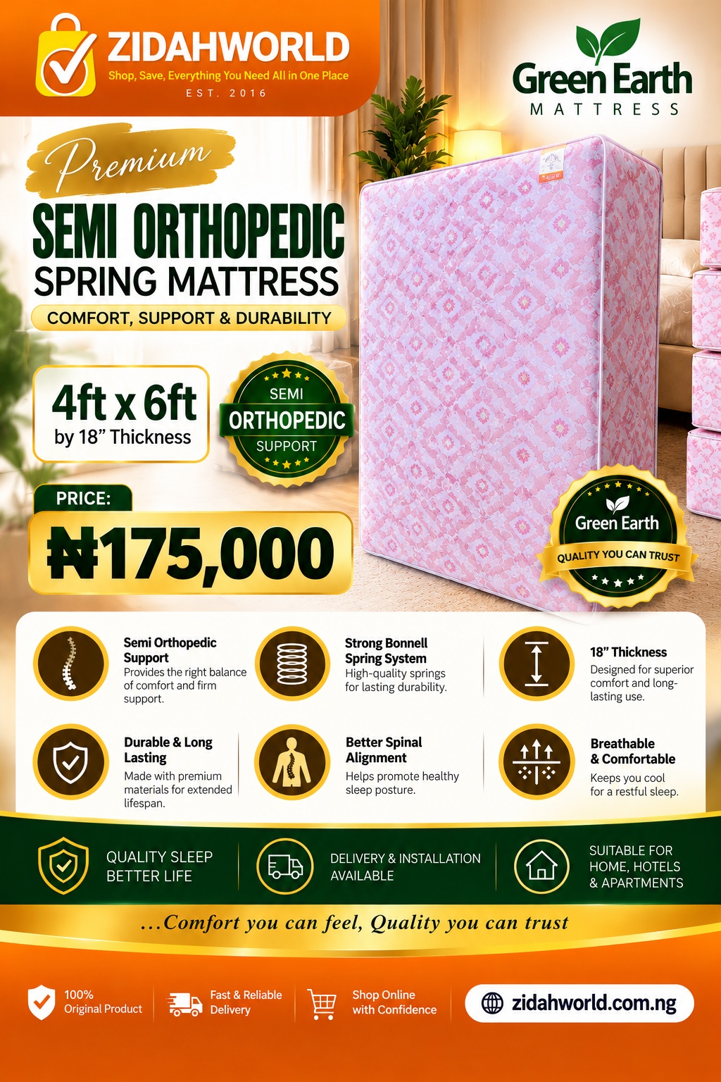 Green Earth Semi-Orthopedic Spring Mattress 4ft x 6ft x 18in