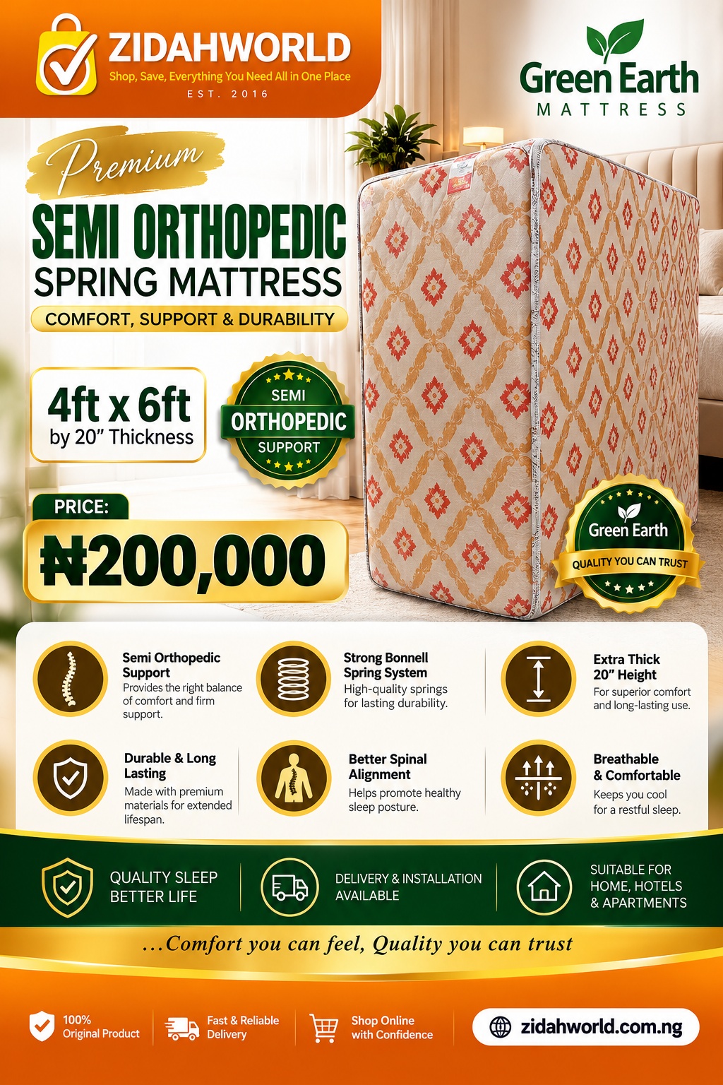 Green Earth Semi-Orthopedic Spring Mattress 4ft x 6ft x 20in