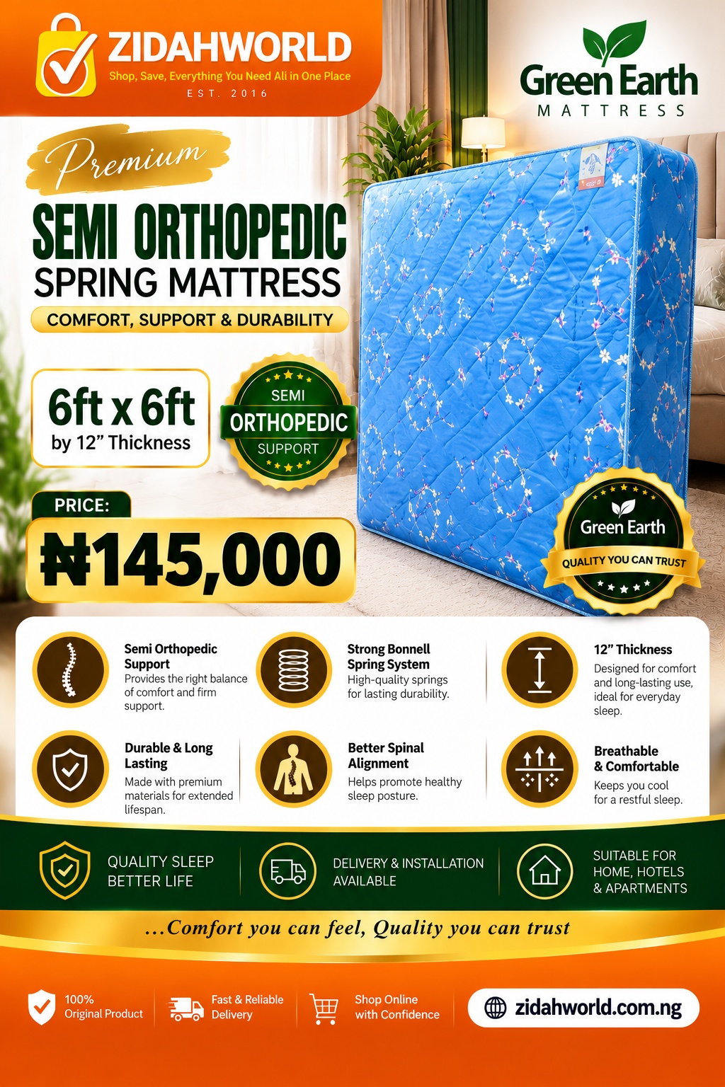 Green Earth Semi-Orthopedic Spring Mattress 6ft x 6ft x 12in