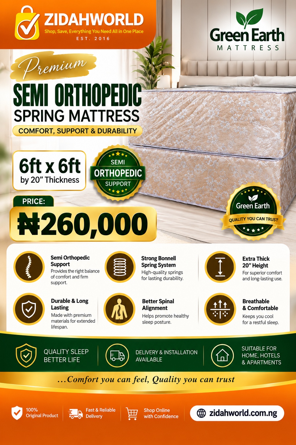 Green Earth Semi-Orthopedic Spring Mattress 6ft x 6ft x 20in