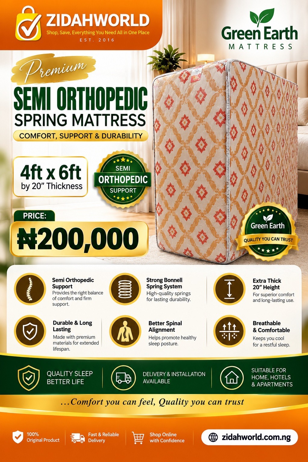 Green Earth Semi Orthopedic Spring Mattress 4ft x 6ft 20-inch