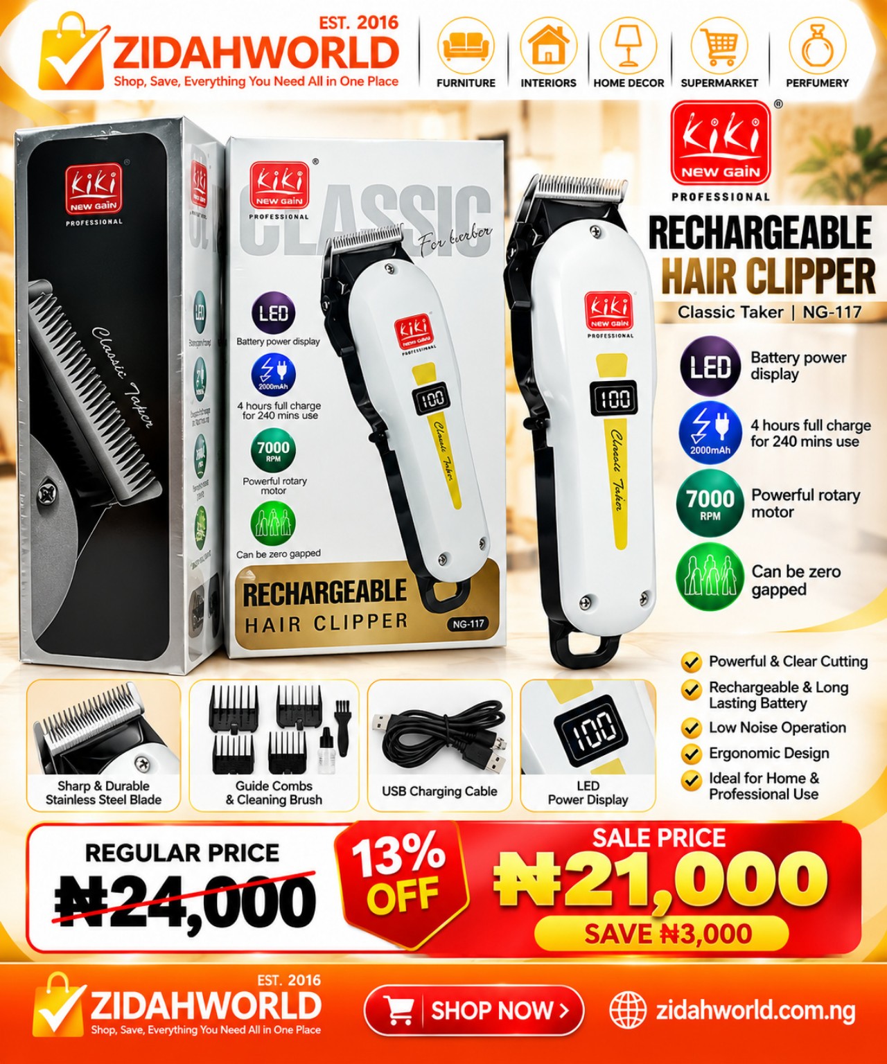 Kiki New Gain NG-117 Rechargeable Hair Clipper