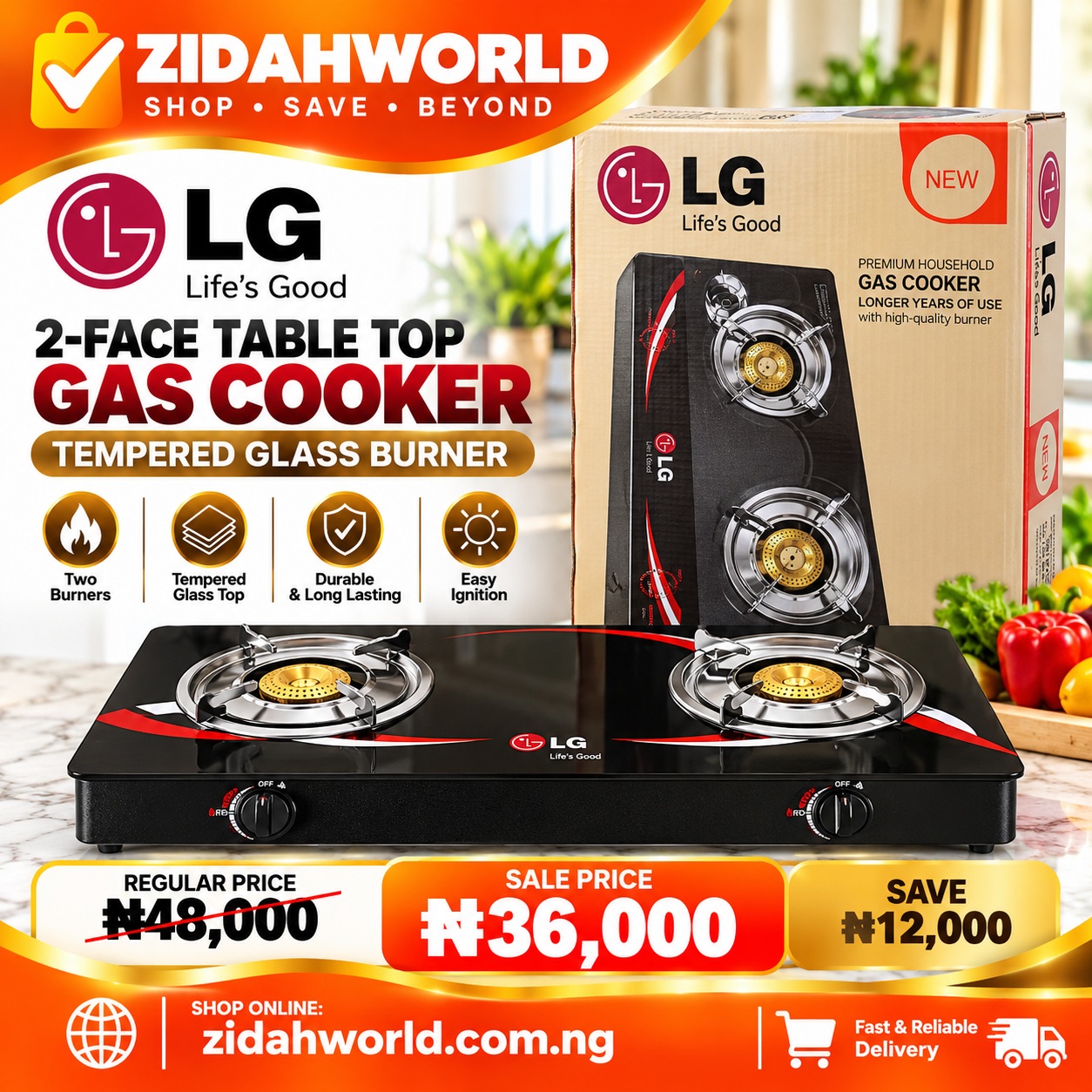 LG 2-Face Tabletop Gas Cooker – Tempered Glass