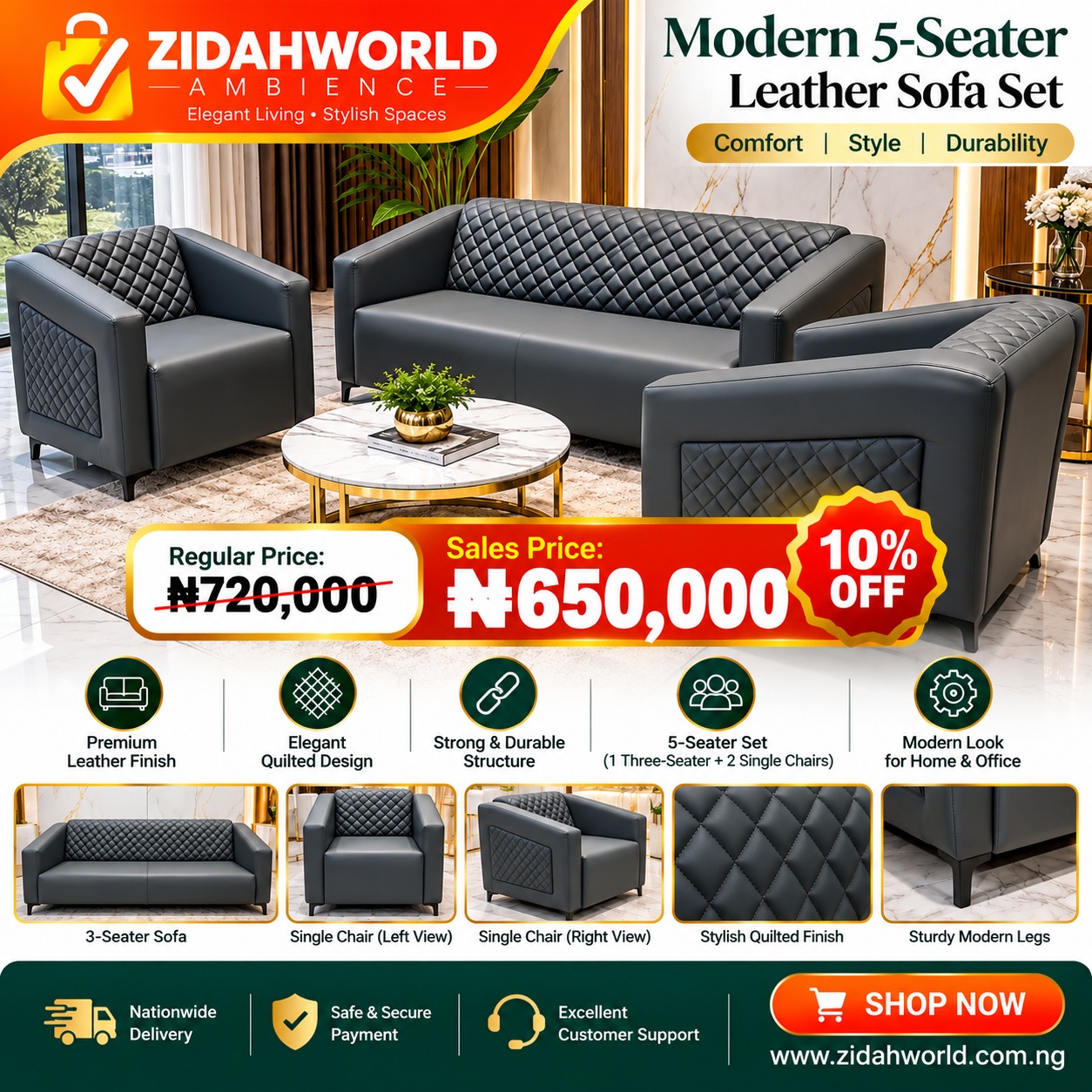 Modern 5 Seater Leather Sofa Set Grey