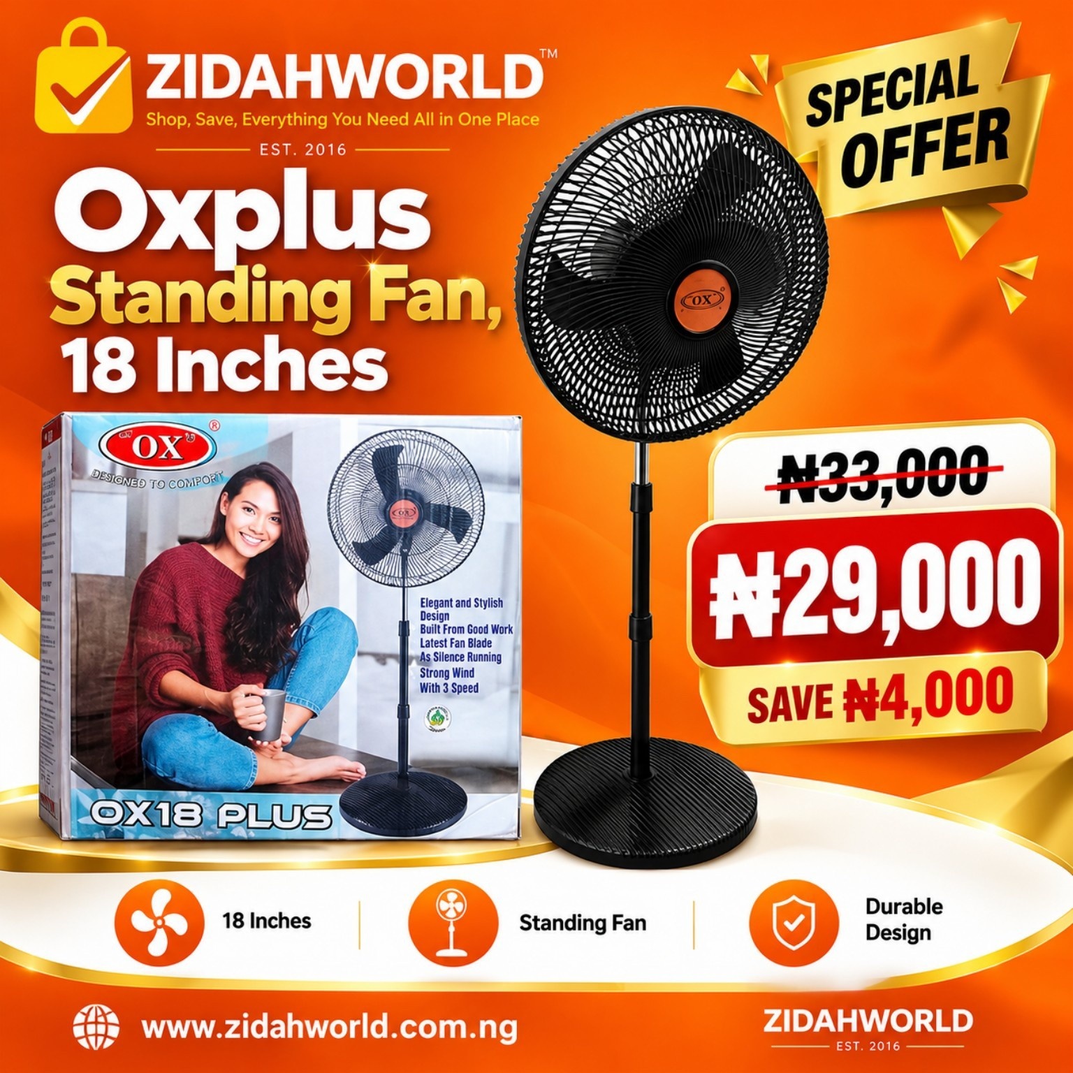 Oxplus Standing Fan, 18 Inches
