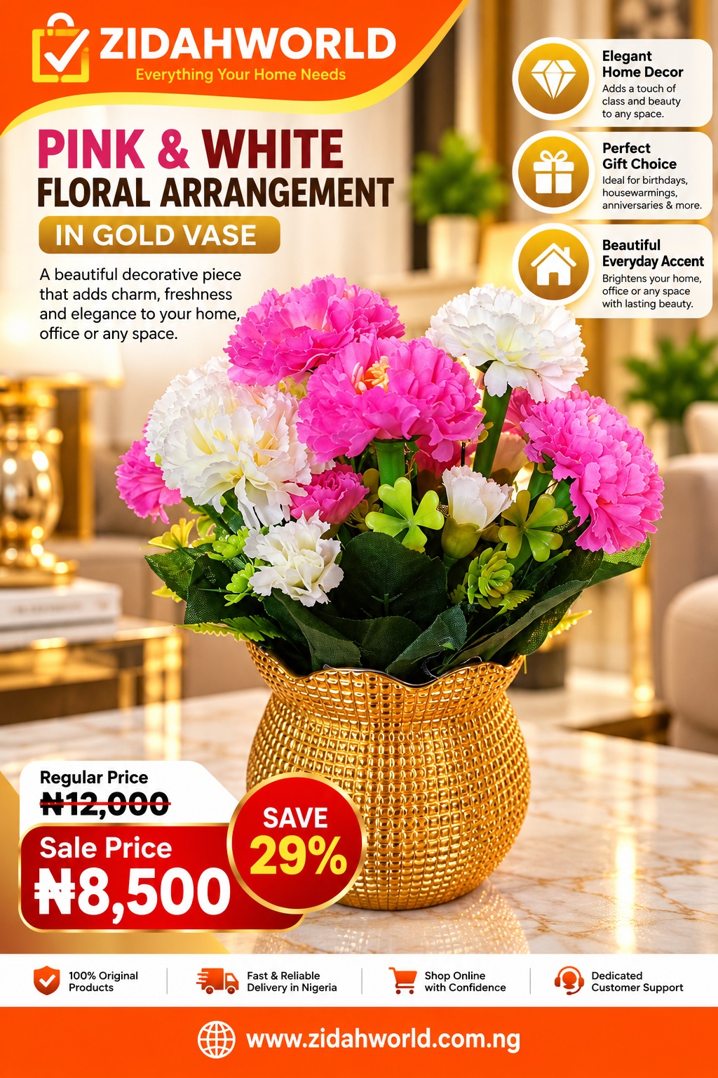 Pink And White Floral Arrangement In Gold Vase