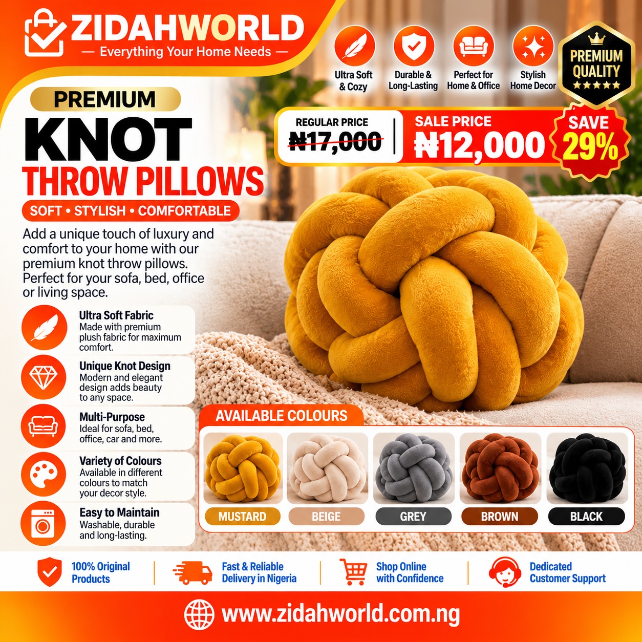 Premium Knot Throw Pillows Mustard