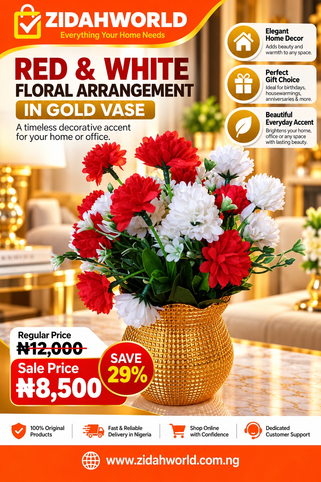 Red And White Floral Arrangement In Gold Vase