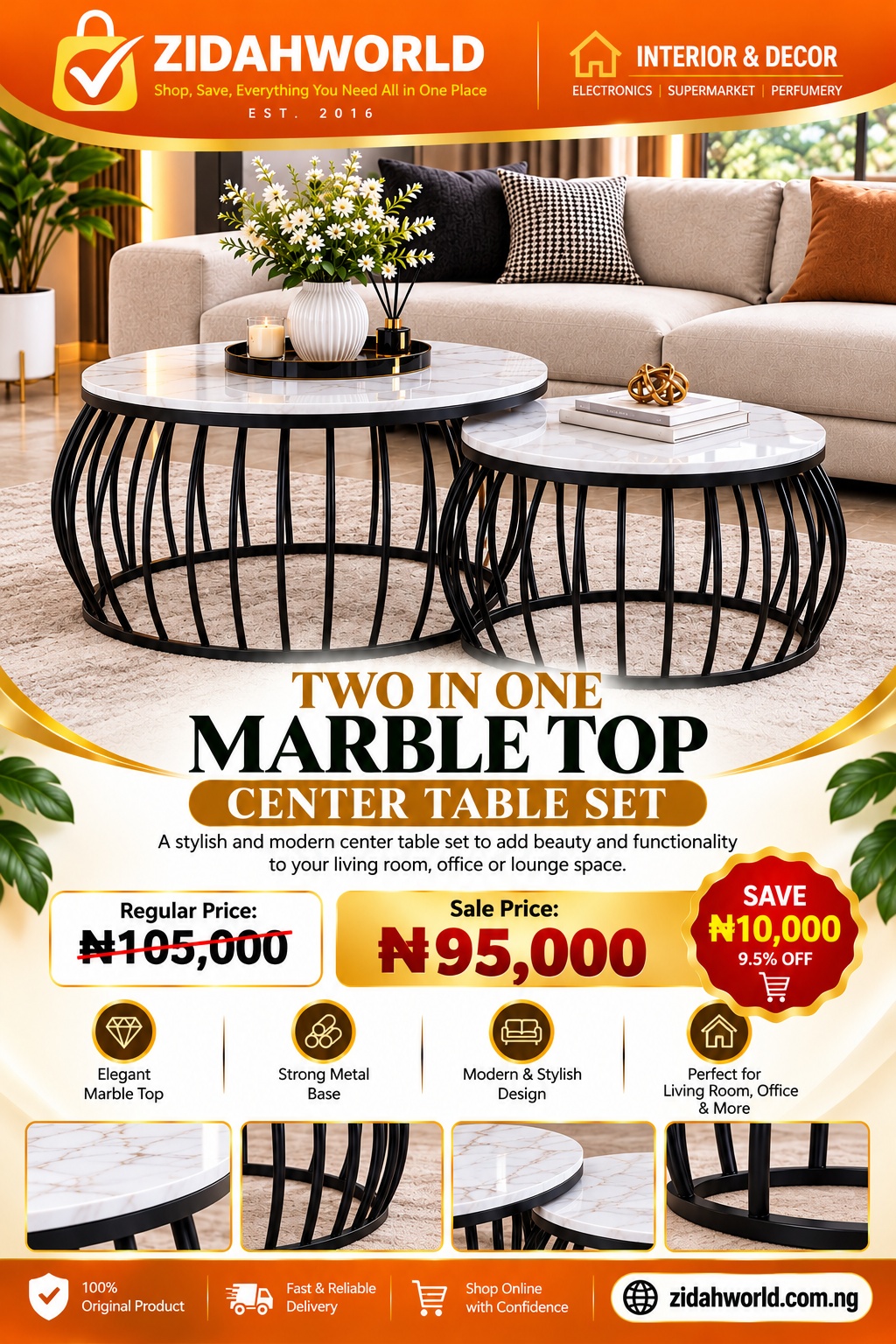 Two-in-One Marble Top Center Table Set