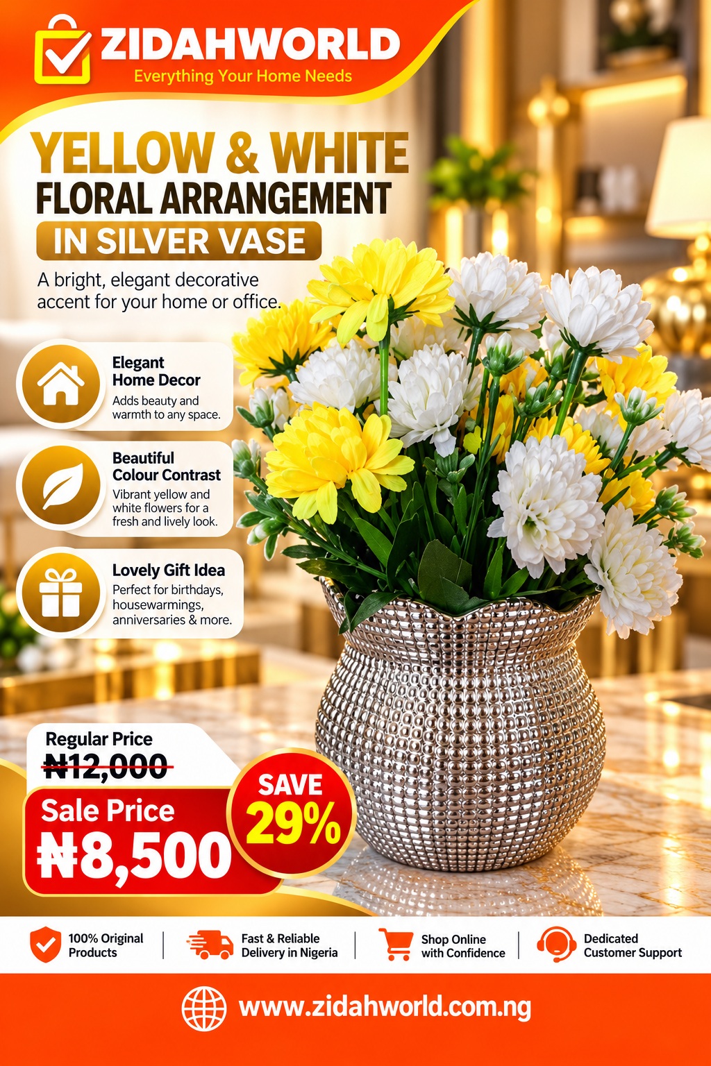 Yellow And White Floral Arrangement In Silver Vase