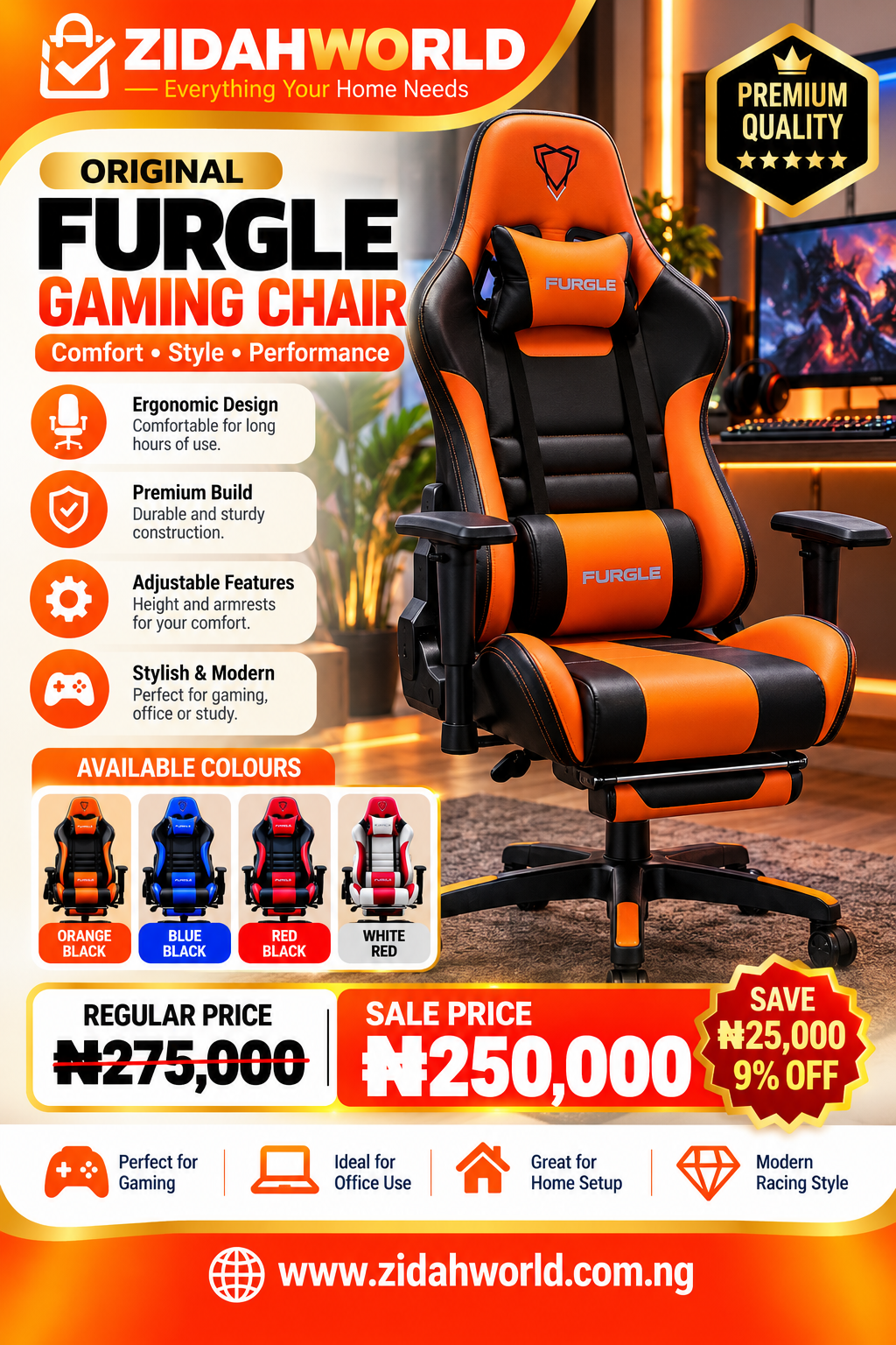 Original Furgle Gaming Chair – Orange & Black