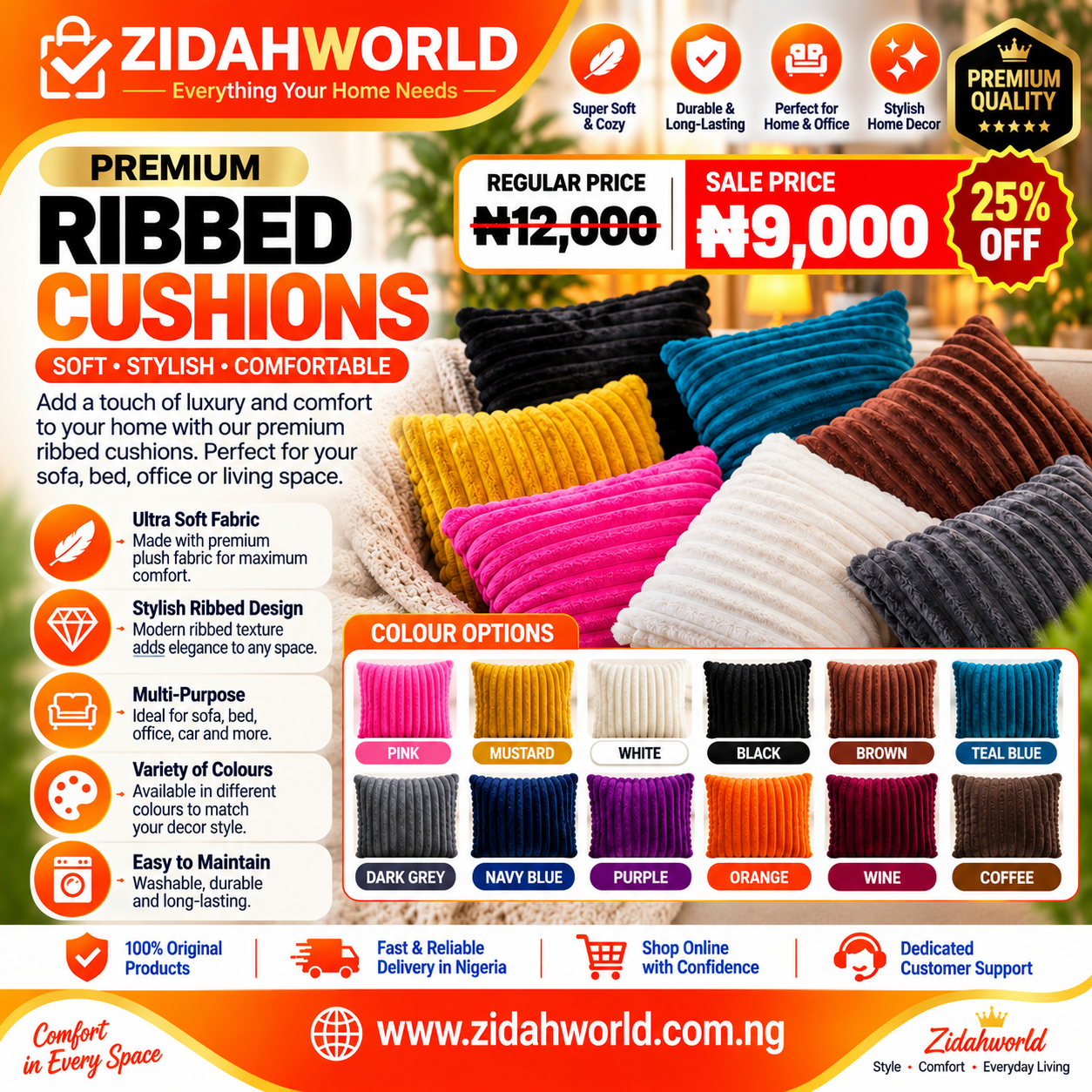 Premium Ribbed Cushions – Assorted Colours