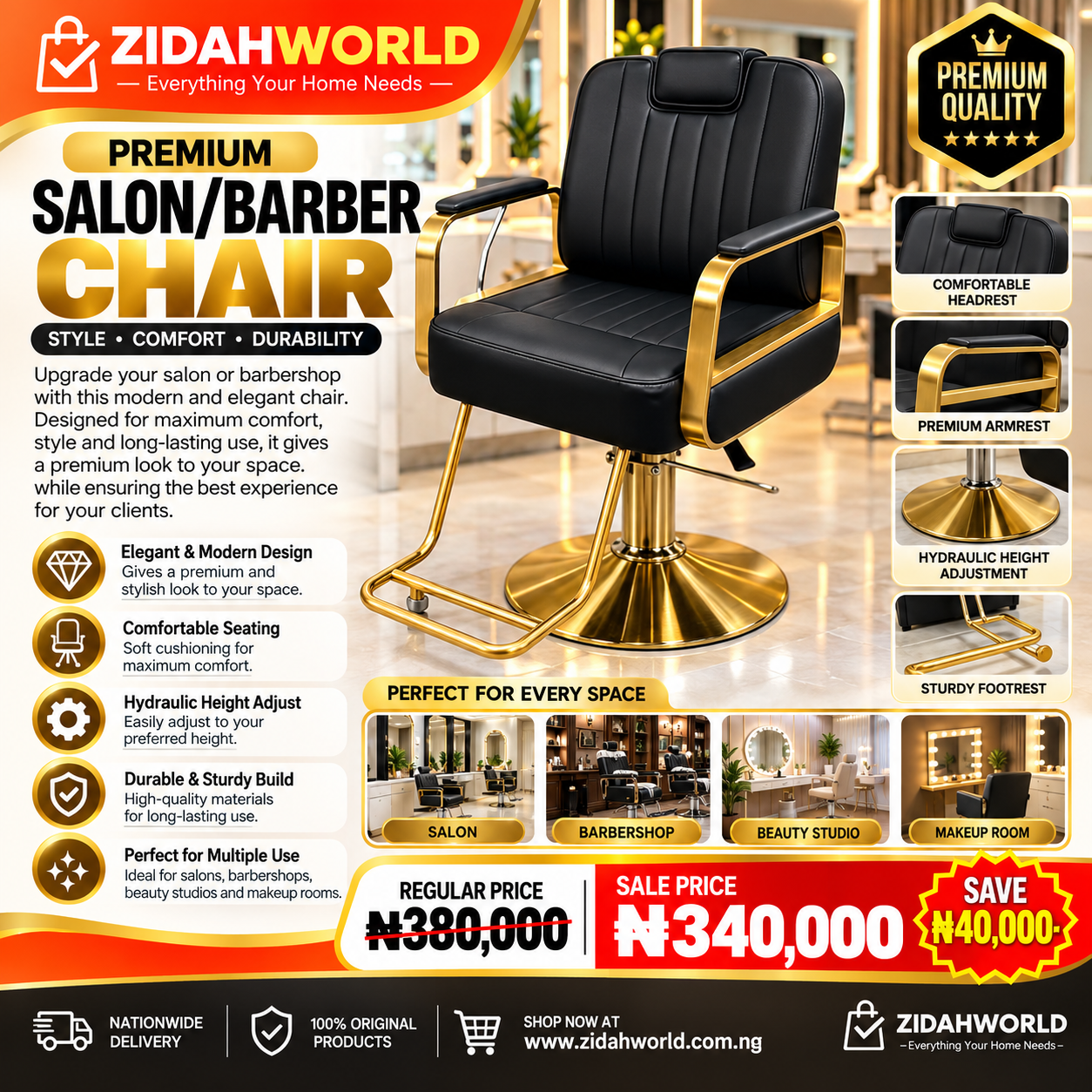 Premium Salon/Barber Chair – Black & Gold
