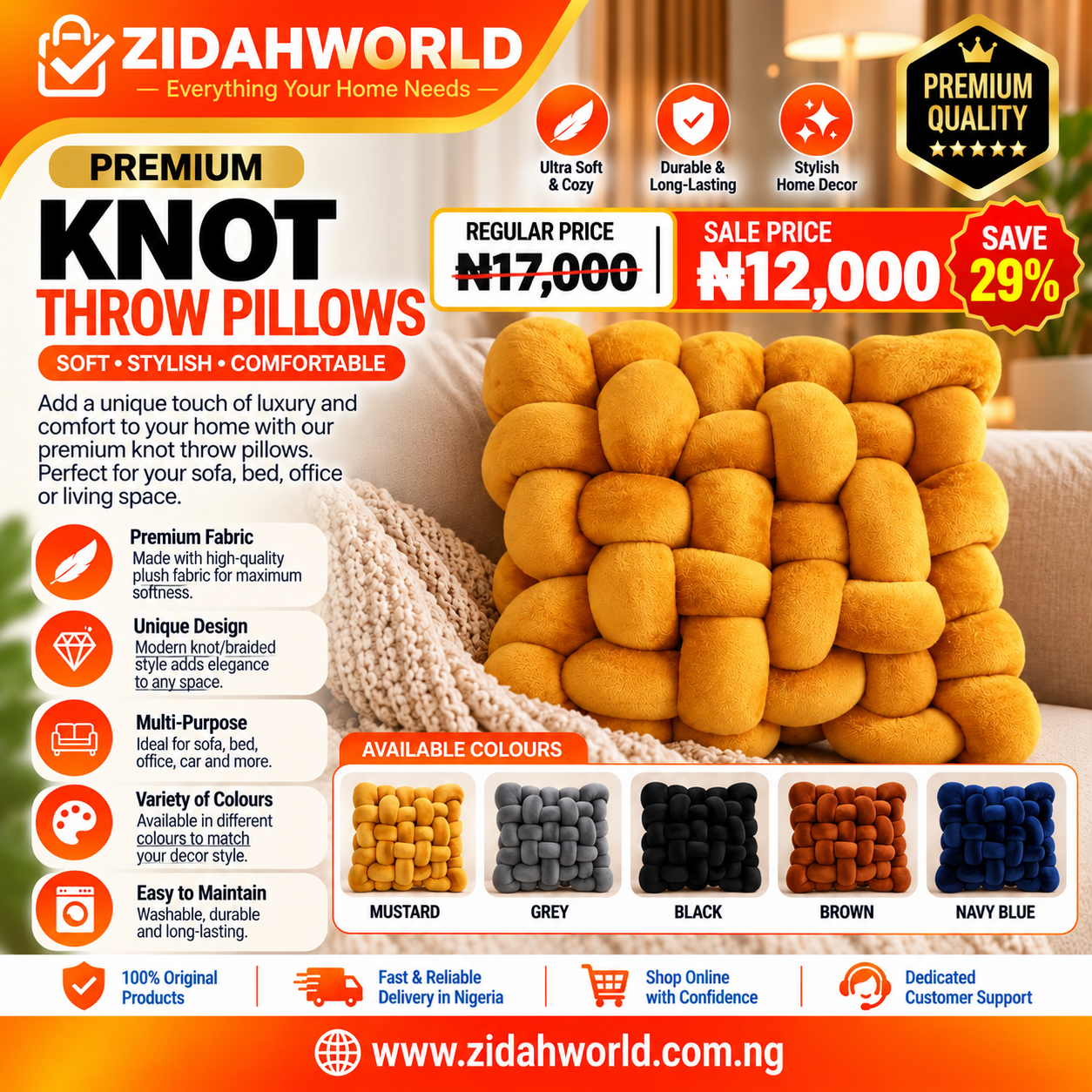Premium Knot Throw Pillow – Orange