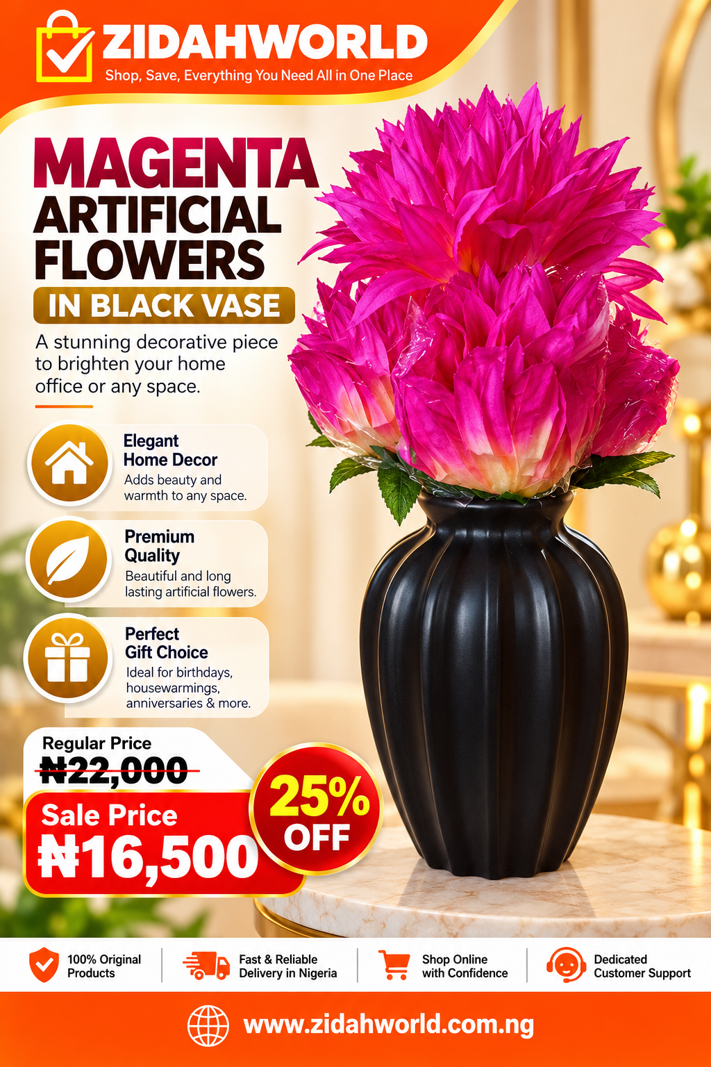 Magenta Artificial Flowers in Black Vase
